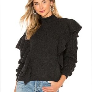 NAADAM Yisu Turtleneck Sweater in Smoke Wool Cashmere Assymetrical Ruffle Medium